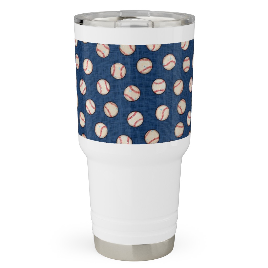 Baseball Balls on Blue Linen Travel Tumbler, 30oz, Blue