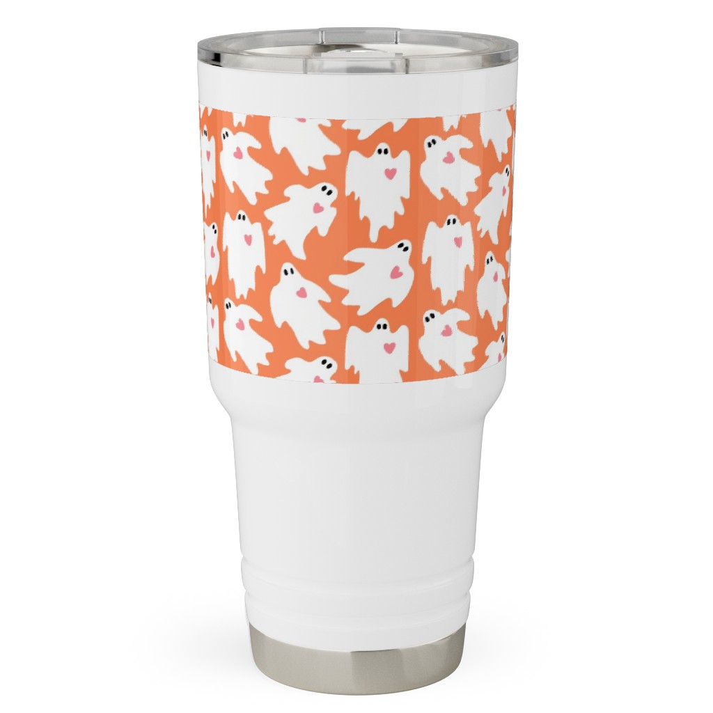 Halloween Ghosts With Hearts on Black Travel Tumbler, 30oz, Orange, Orange