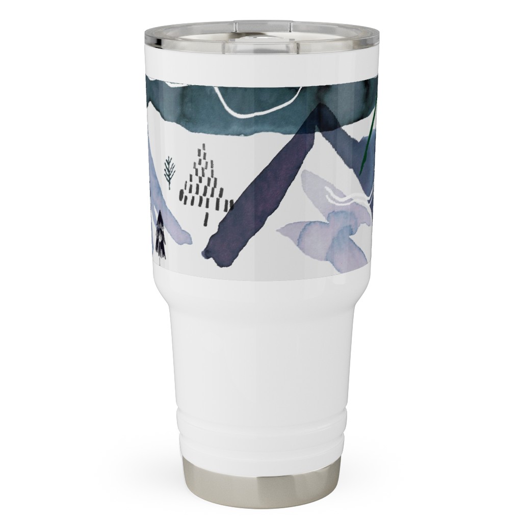 Watercolor Mountains Landscape - Blue Travel Tumbler, 30oz, Blue