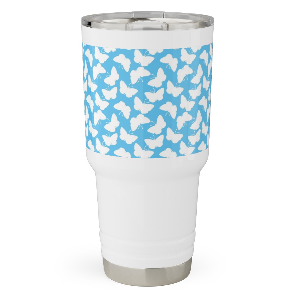 Butterflies - White on Blue Travel Tumbler, 30oz, Blue