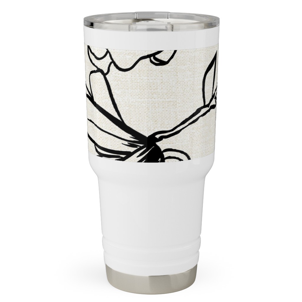 Magnolia Garden - Textured - White & Black Travel Tumbler, 30oz, Beige, Pearl
