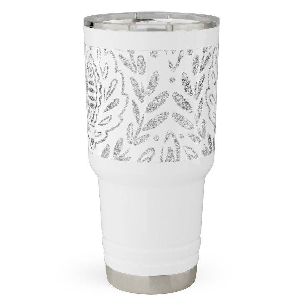 Distressed Damask Leaves - Grey Travel Tumbler, 30oz, Gray, Gray