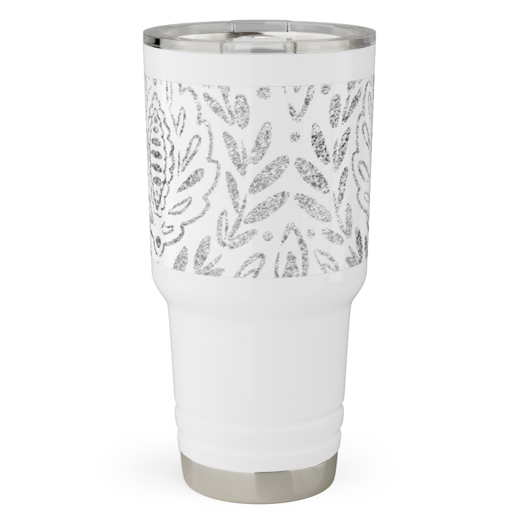 Distressed Damask Leaves - Grey Travel Tumbler, 30oz, Gray