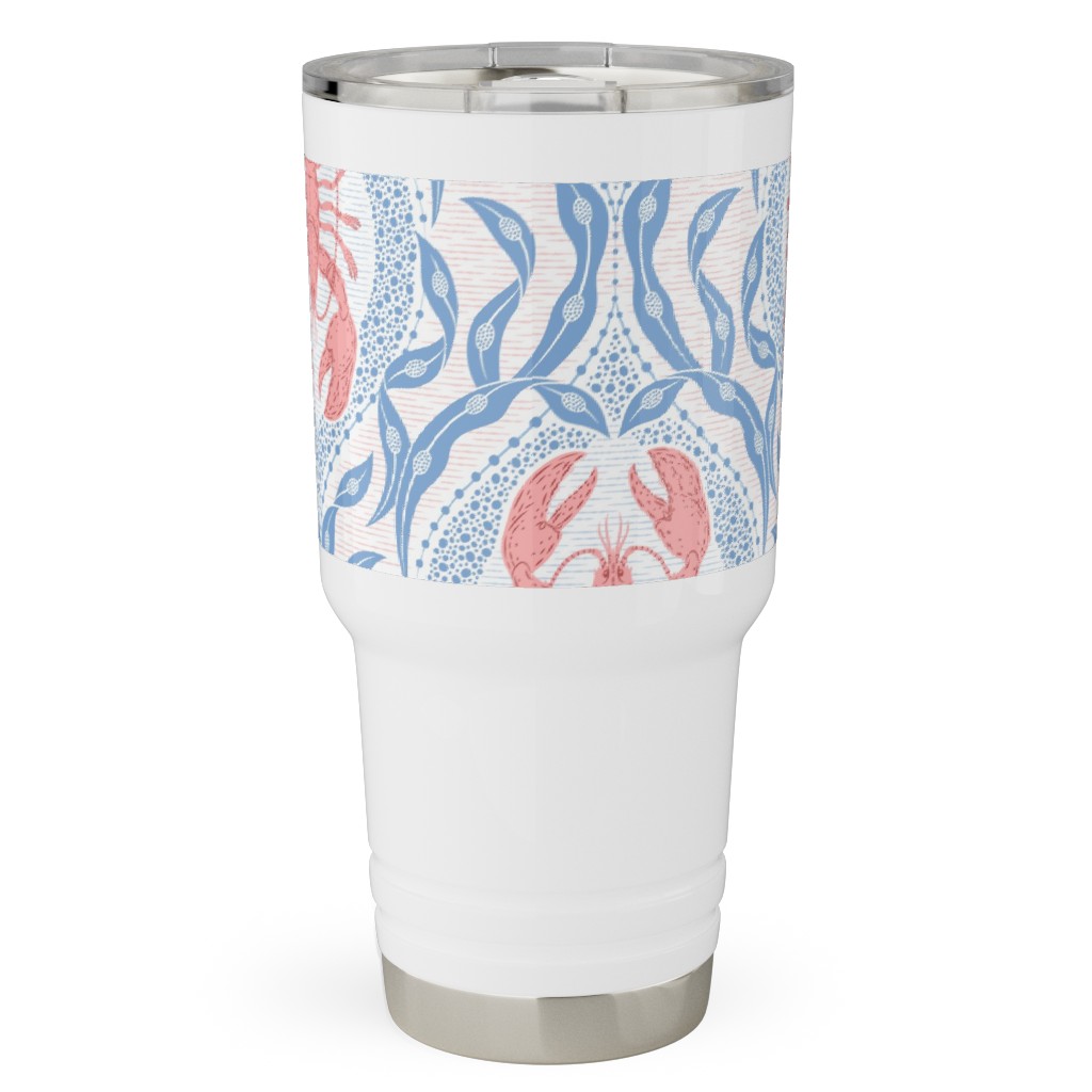 Lobster and Seaweed Nautical Damask - White, Coral Pink and Cornflower Blue Travel Tumbler, 30oz, Blue