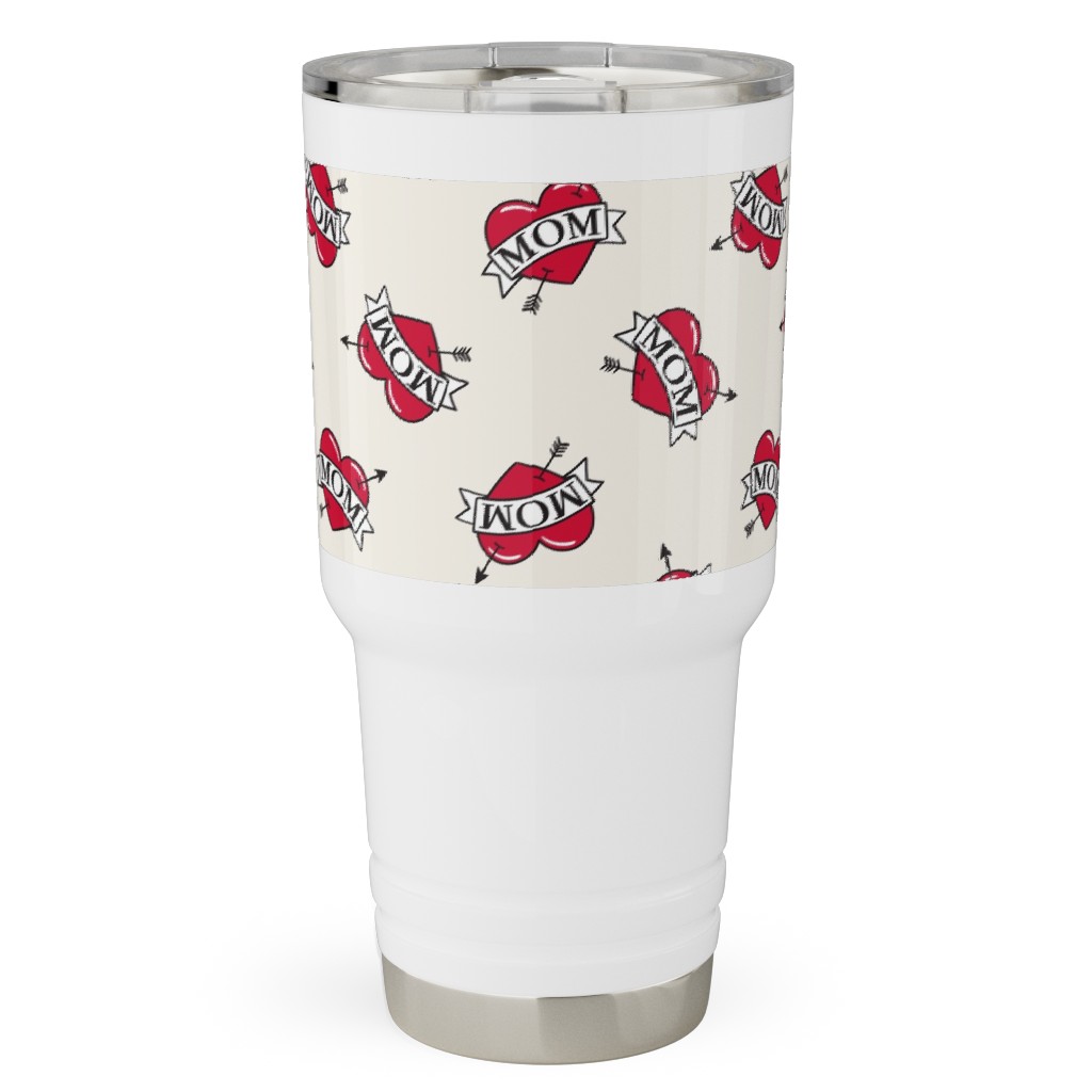 Mom Heart Tattoo - Red on Cream Travel Tumbler, 30oz, Red