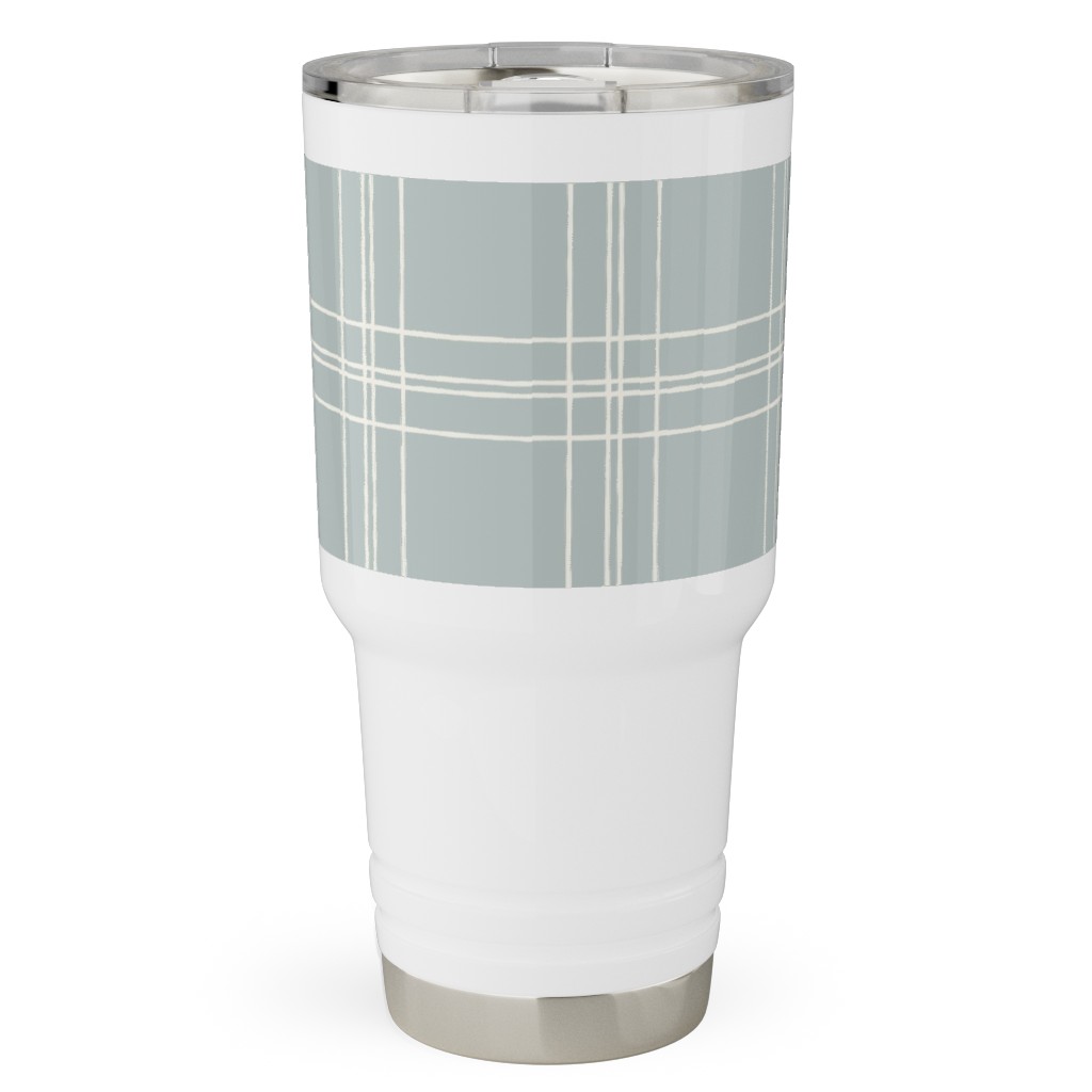Lined Linens - Quad Plaid - Ivory, Blue Travel Tumbler, 30oz, Blue
