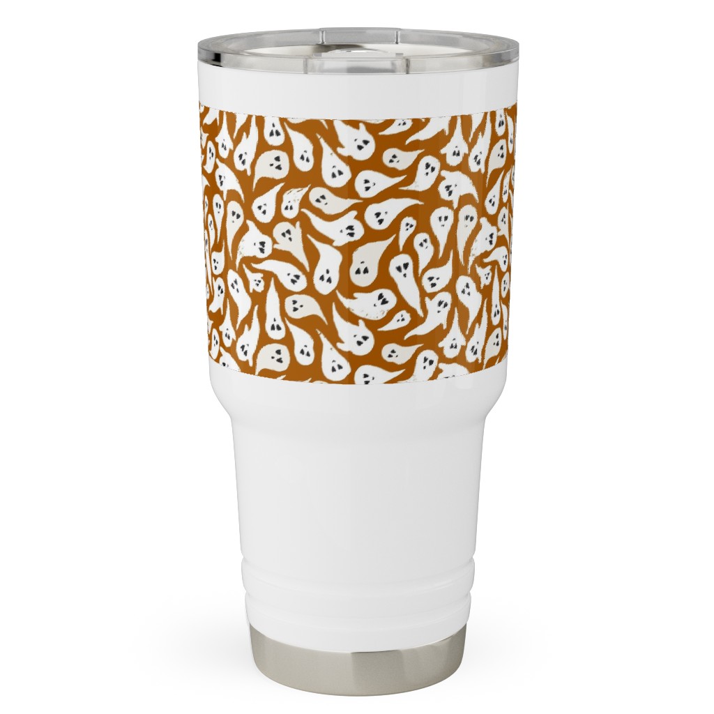 Halloween Ghosts on Dark Burnt Orange Travel Tumbler, 30oz, Orange