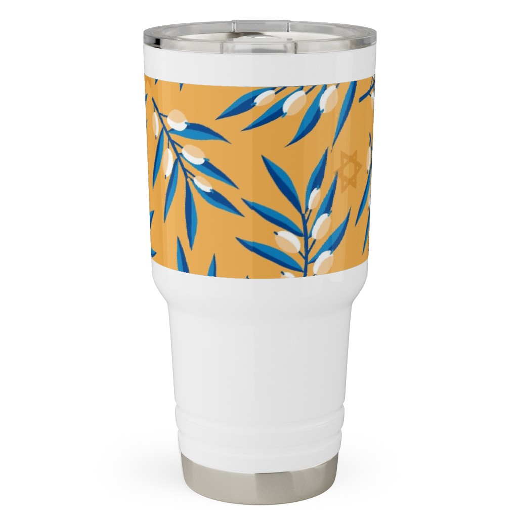 Olive Branches Hanukkah - Blue on Yellow Travel Tumbler, 30oz, Yellow