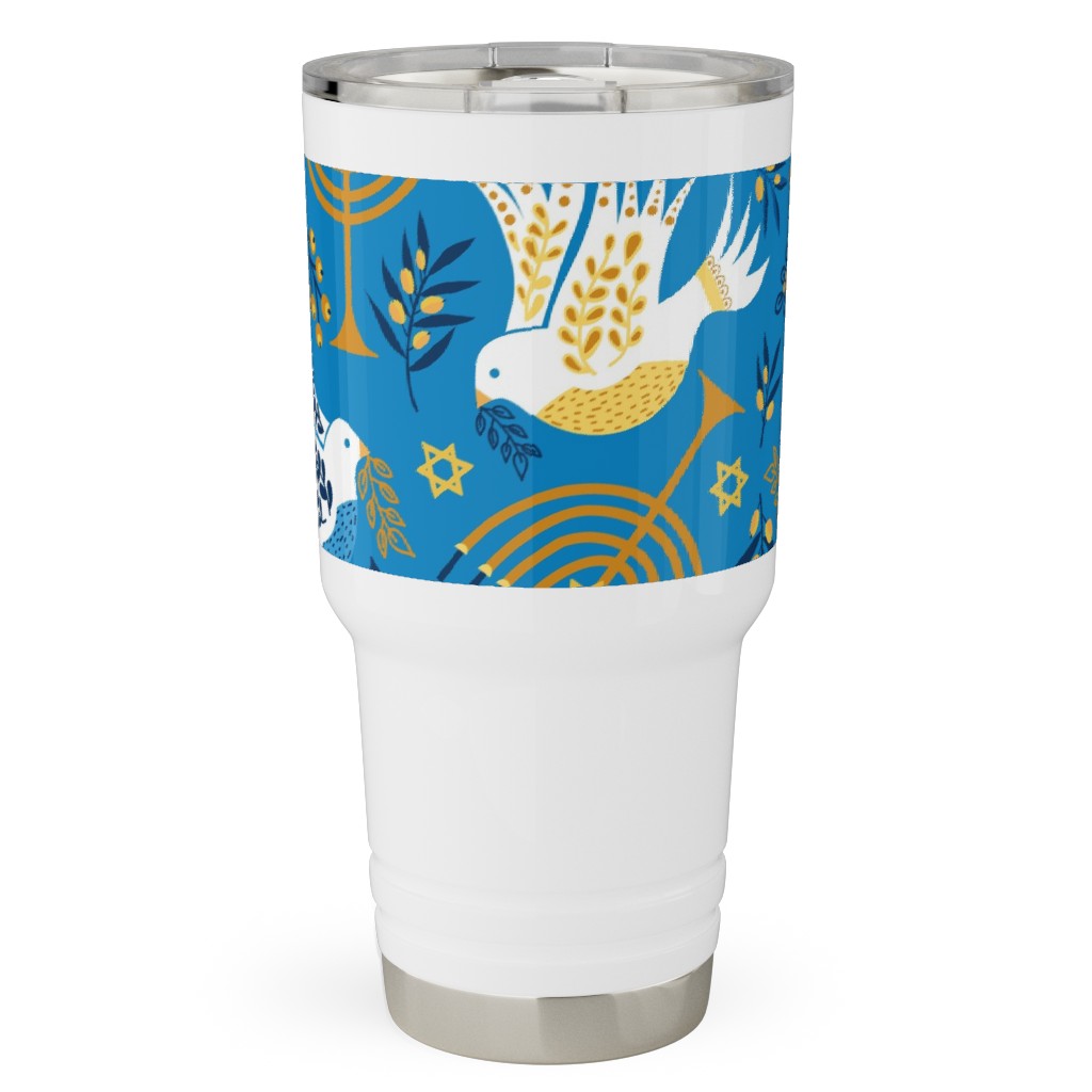 Hanukkah Birds Menorahs - Light Blue Travel Tumbler, 30oz, Blue, True Blue
