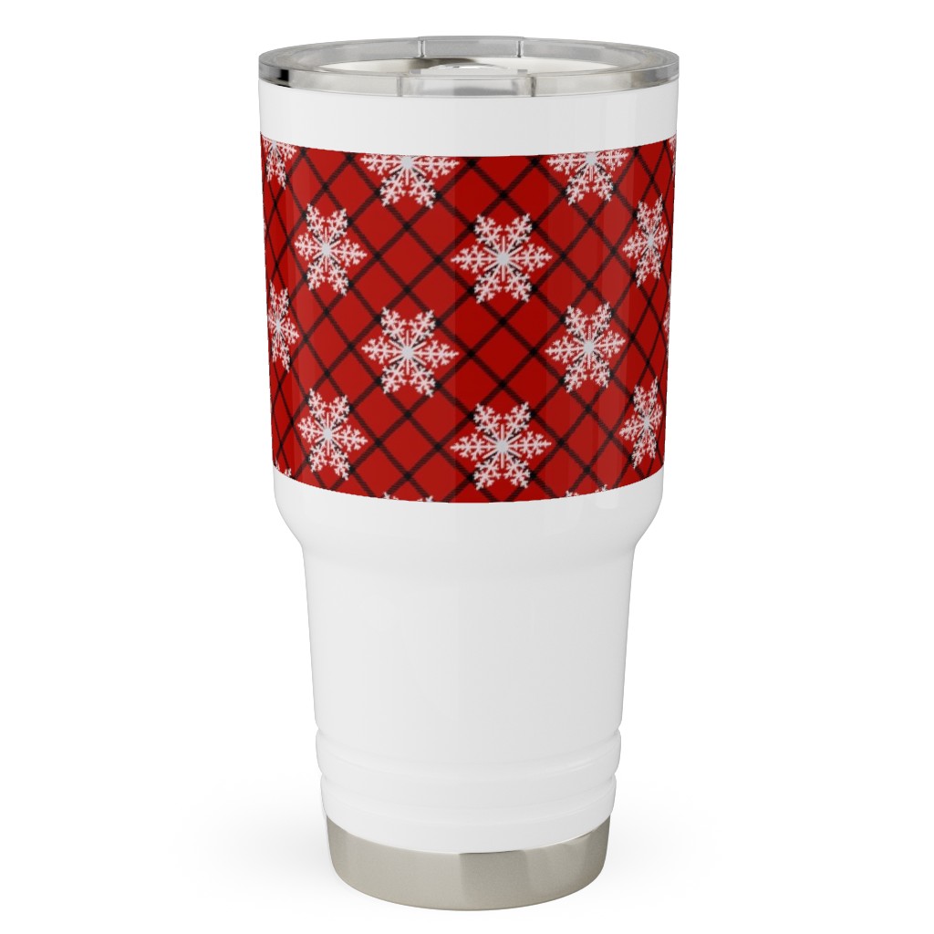 Snowy Winter Diagonal Checker Plaid - Red and Black Travel Tumbler, 30oz, Red