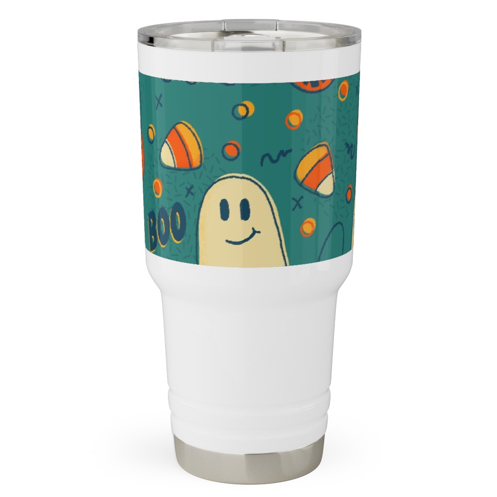 Candy Corn and Ghosts - Green Travel Tumbler, 30oz, Multicolor