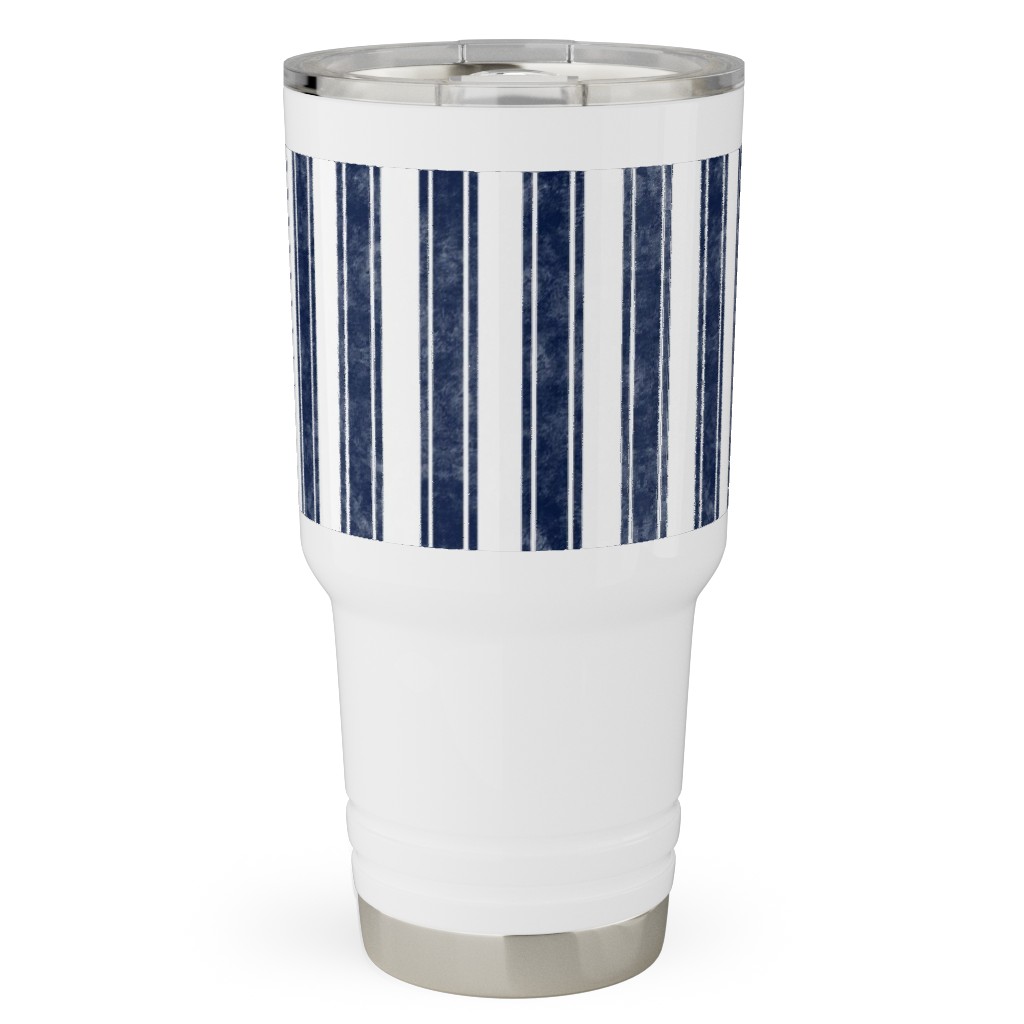Vertical French Ticking Textured Pinstripes in Dark Midnight Navy and White Travel Tumbler, 30oz, Blue, True Blue