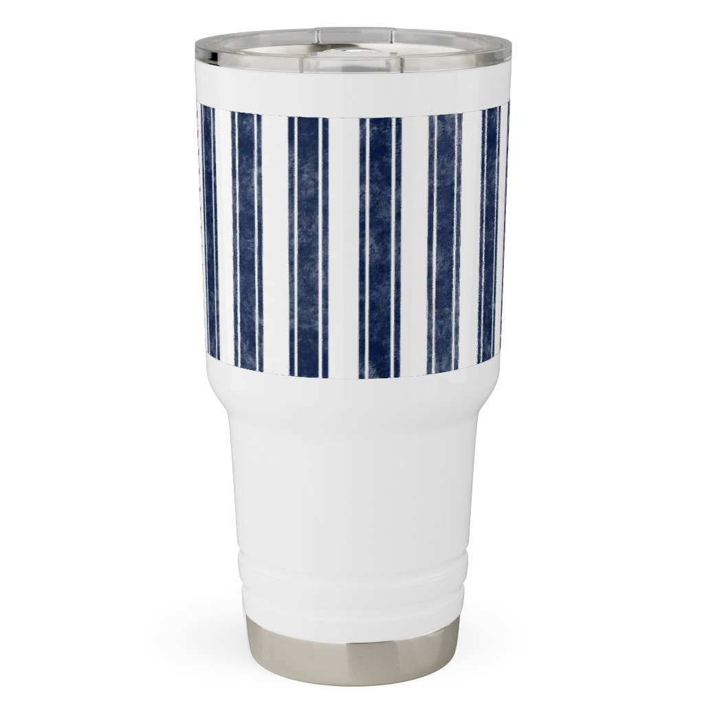 Vertical French Ticking Textured Pinstripes in Dark Midnight Navy and White Travel Tumbler, 30oz, Blue