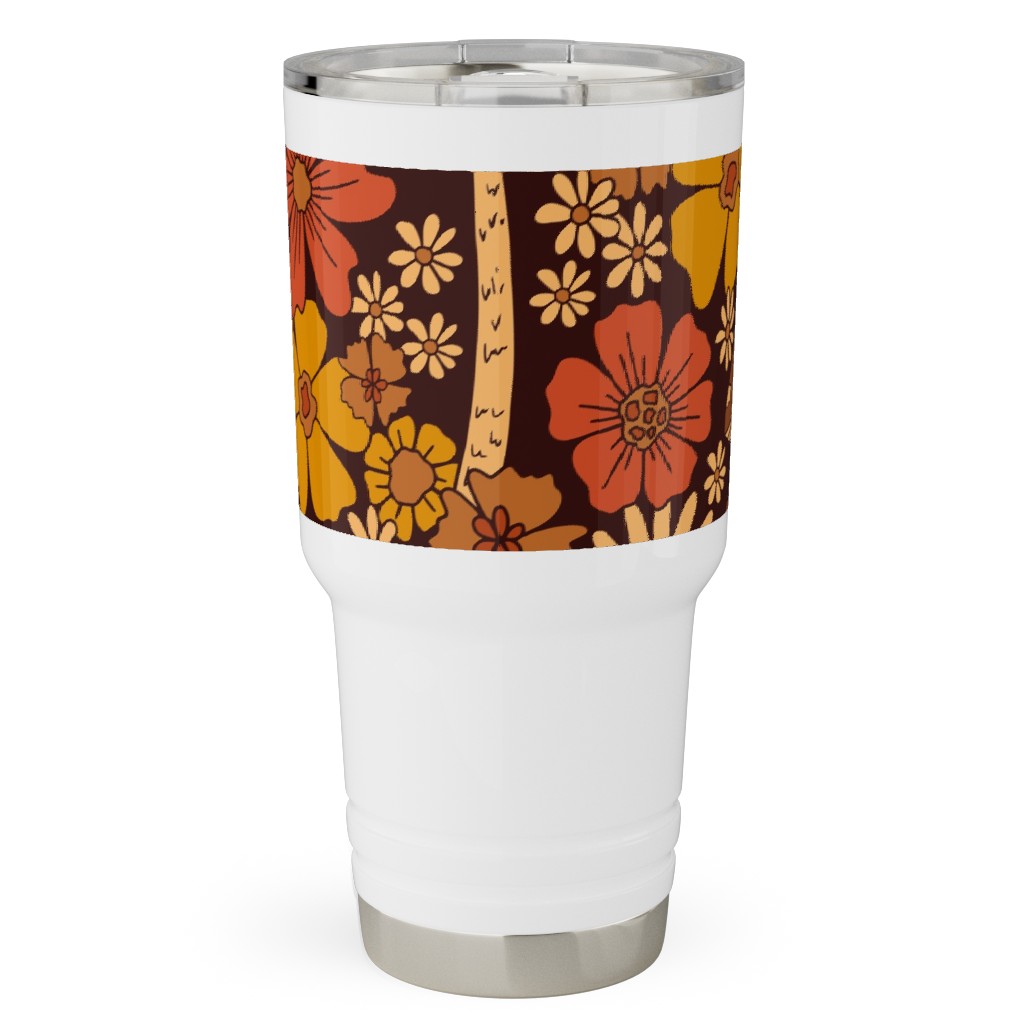 Retro 1970s Mushroom & Flowers - Brown and Orange Travel Tumbler, 30oz, Orange