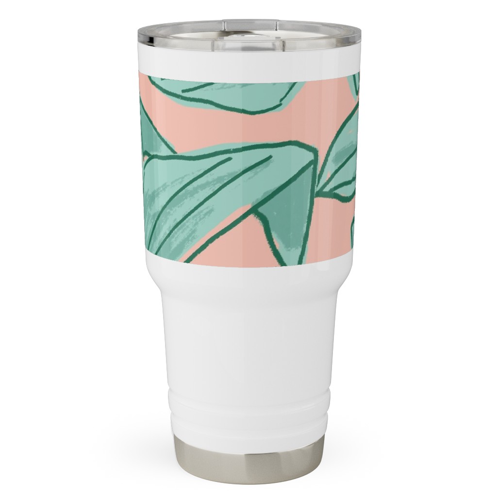 Lush Tropical Leaves - Pink and Mint Travel Tumbler, 30oz, Green, Classic Green
