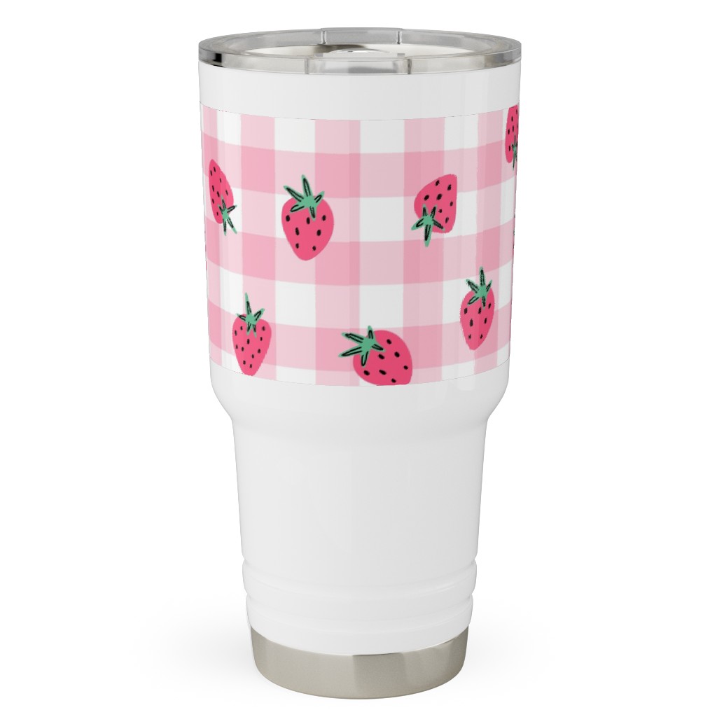 Summer Strawberry Gingham - Pink Travel Tumbler, 30oz, Pink, Bright Pink