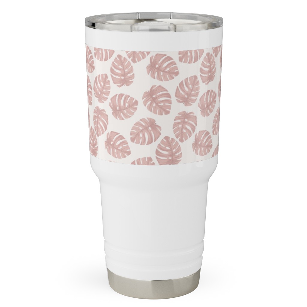 Boho Monstera Leaf - Light Pink on Off White Travel Tumbler, 30oz, Pink