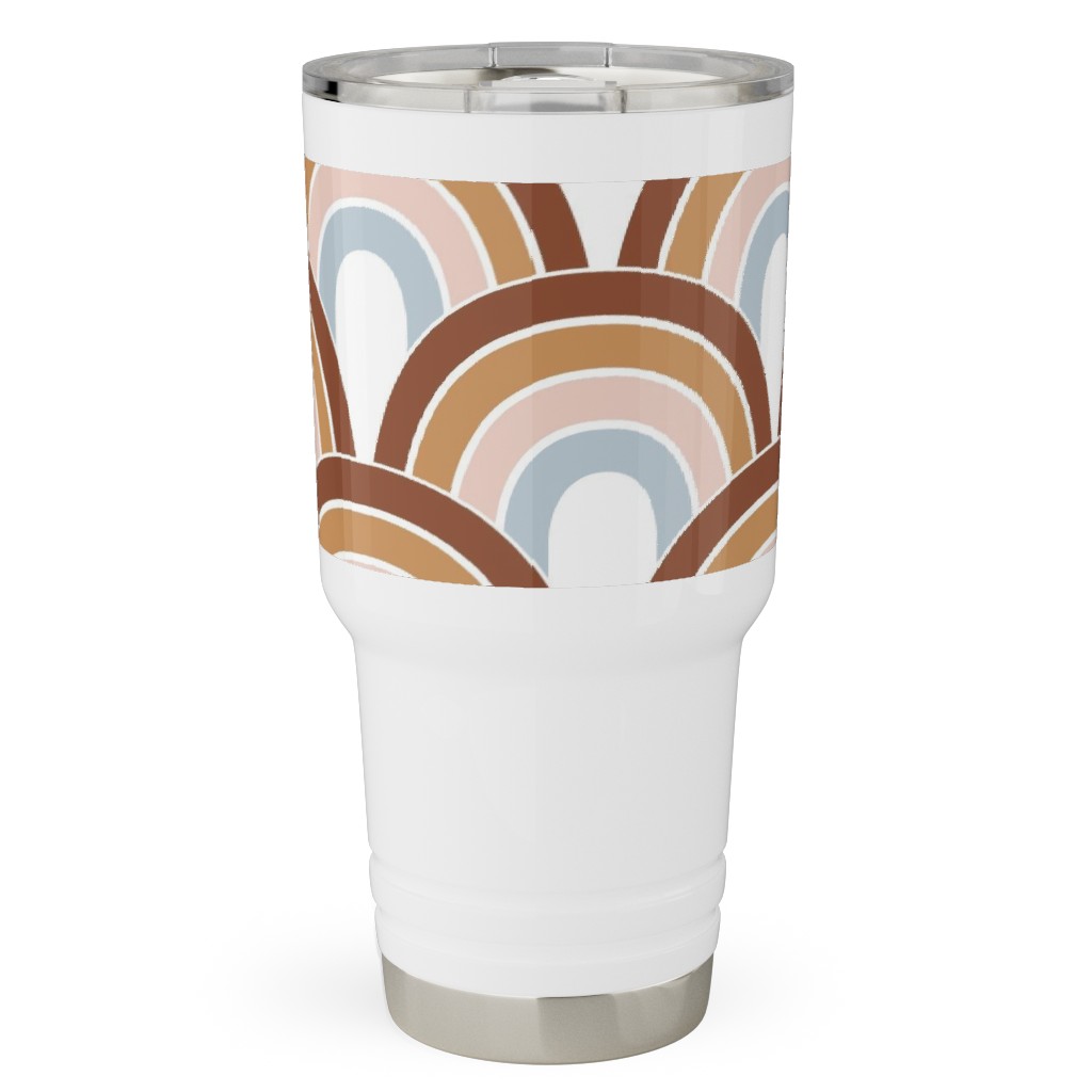 Retro Rainbow Waves - Scales and Curves - Rust Beige Blush Blue on White Travel Tumbler, 30oz, Orange, Orange