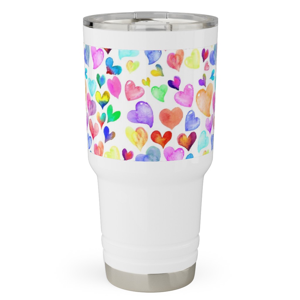 Colorful Watercolor Hearts - Multi on White Travel Tumbler, 30oz, Multicolor