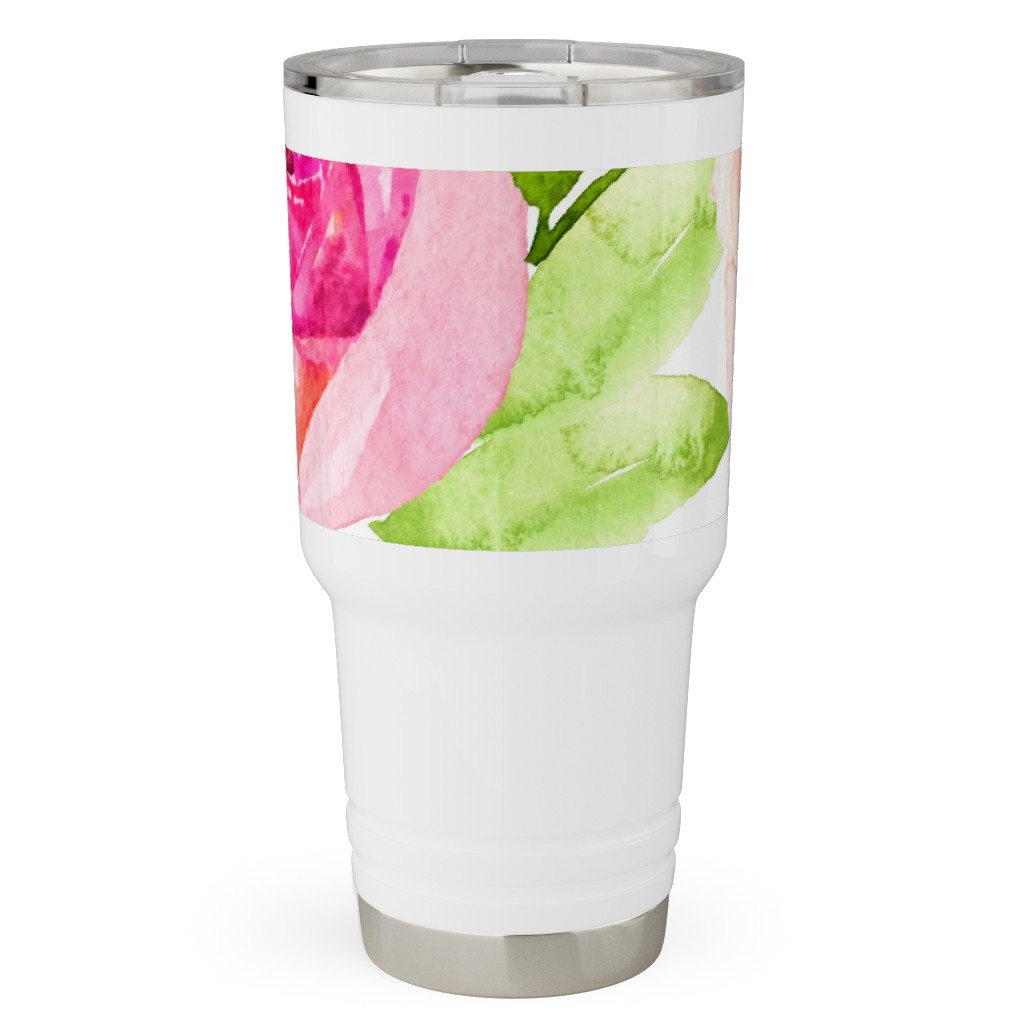 Spring Peonies, Roses, and Poppies - Watercolor Travel Tumbler, 30oz, Pink