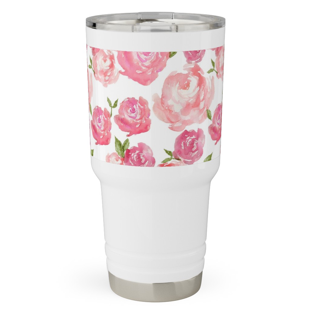 Watercolor Floral - Pink Travel Tumbler, 30oz, Pink, Bright Pink