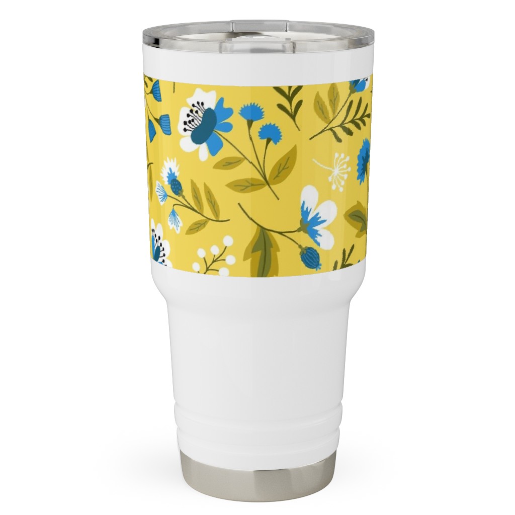 Colorful Spring Flowers - Blue on Yellow Travel Tumbler, 30oz, Yellow
