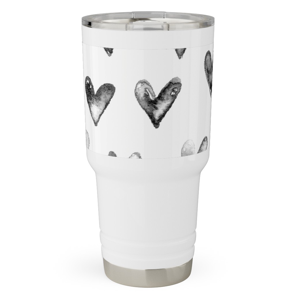 Watercolor Hearts - Black and White Travel Tumbler, 30oz, Black, Black