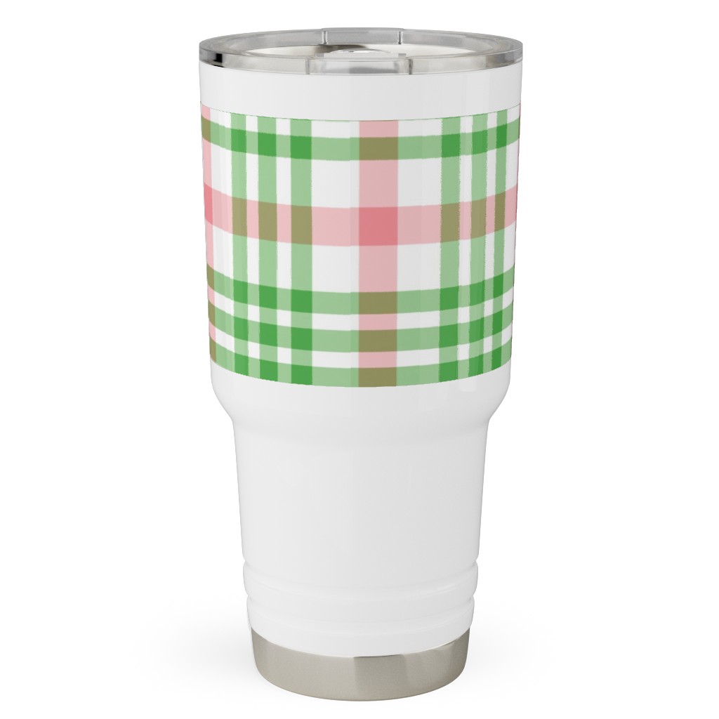 Pink, Green, and White Plaid Travel Tumbler, 30oz, Green, Classic Green