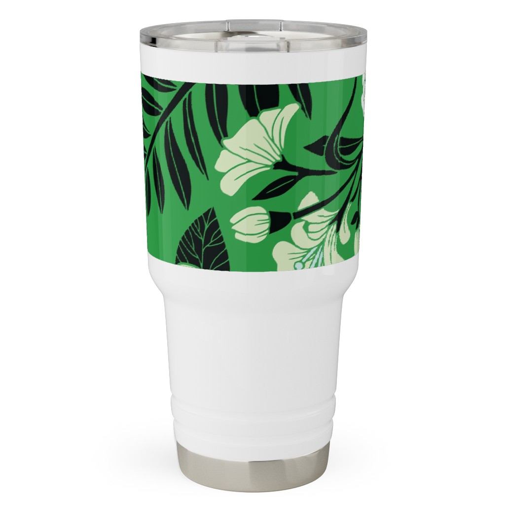 Green, Black & White Floral Pattern Travel Tumbler, 30oz, Green, Classic Green