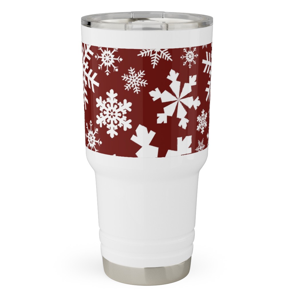 Christmas White Snowflakes on Red Background Travel Tumbler, 30oz, Red