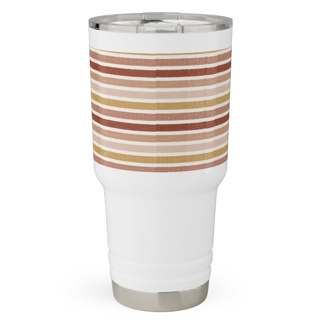 Horizontal Earth Colours Stripes - Red Pink Mustard Toffee Travel Tumbler, 30oz, Pink