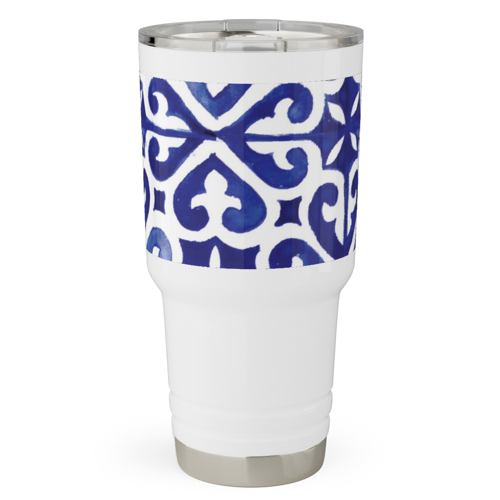 Lisbon Tiles Watercolor - Blue Travel Tumbler, 30oz, Blue