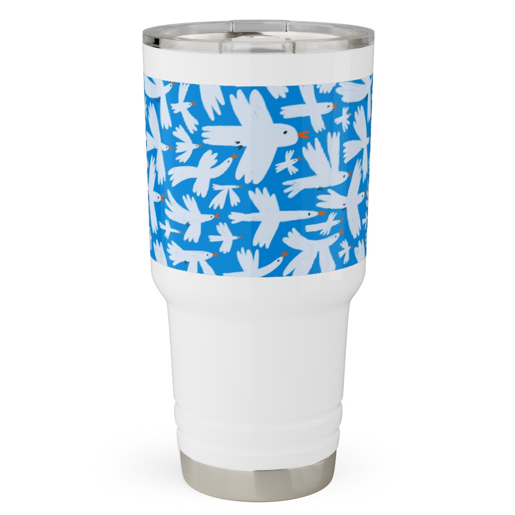 Birds - White on Blue Travel Tumbler, 30oz, Blue, True Blue