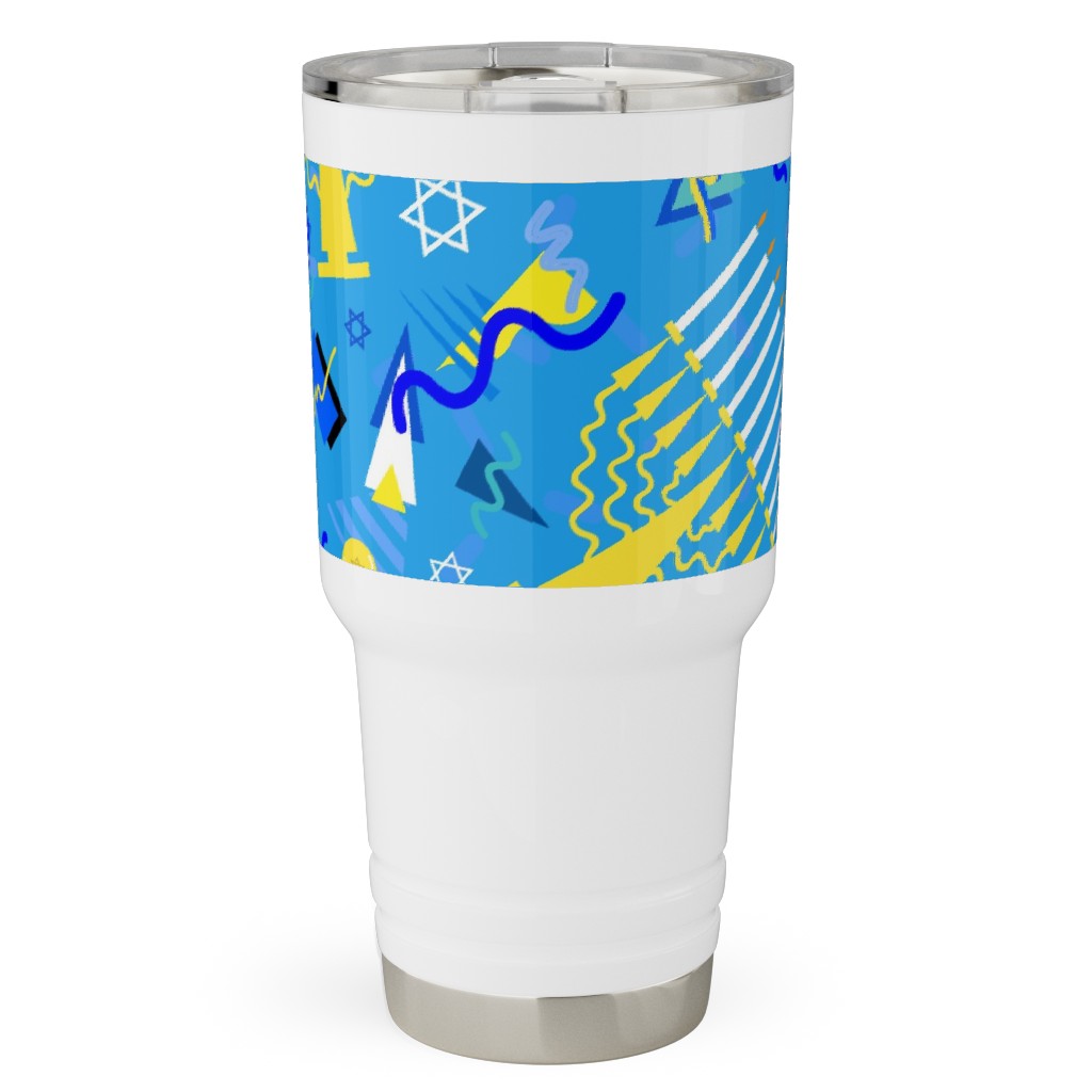 80s Hanukkah Celebration - Blue Travel Tumbler, 30oz, Blue