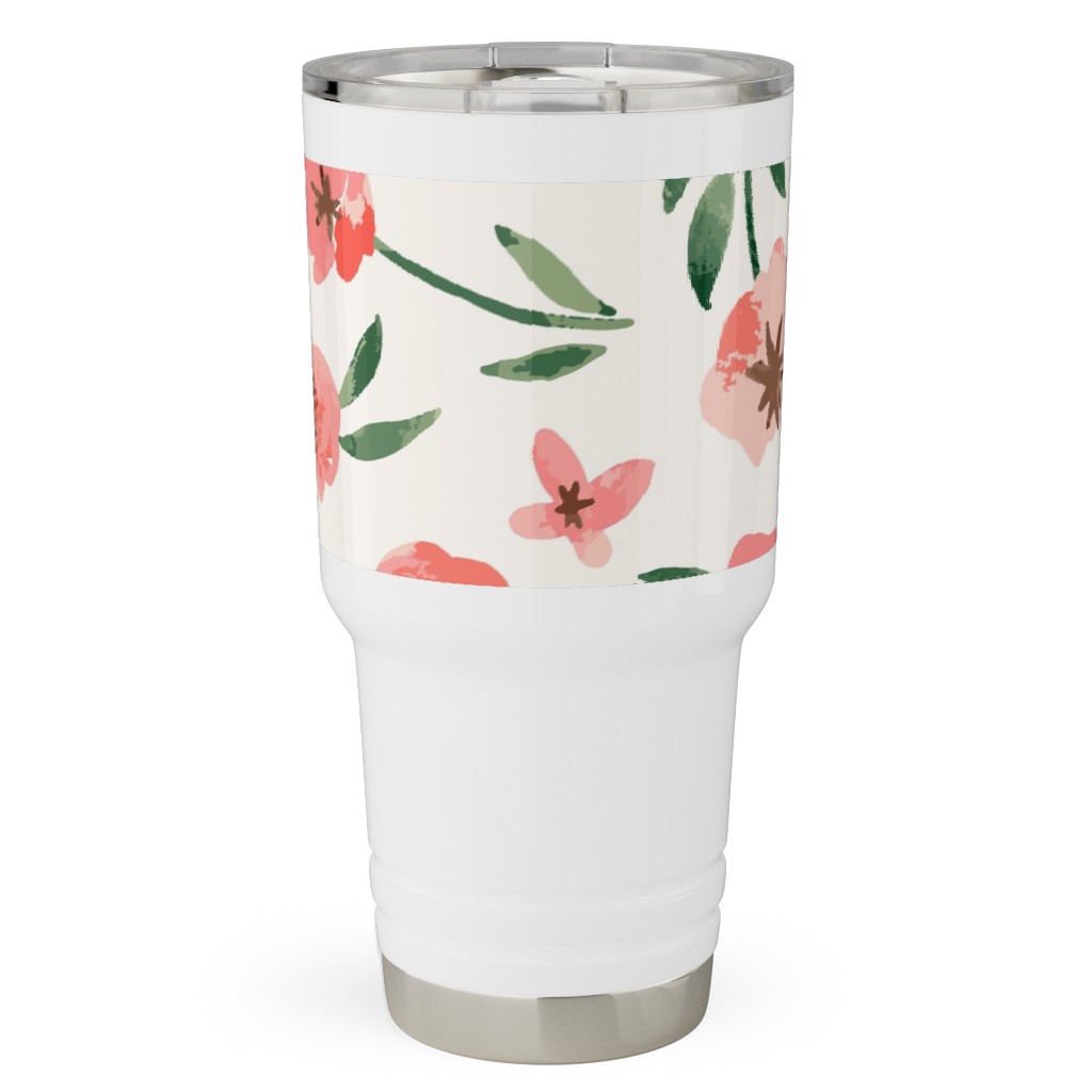 Scattered Watercolor Spring Flowers Travel Tumbler, 30oz, Pink