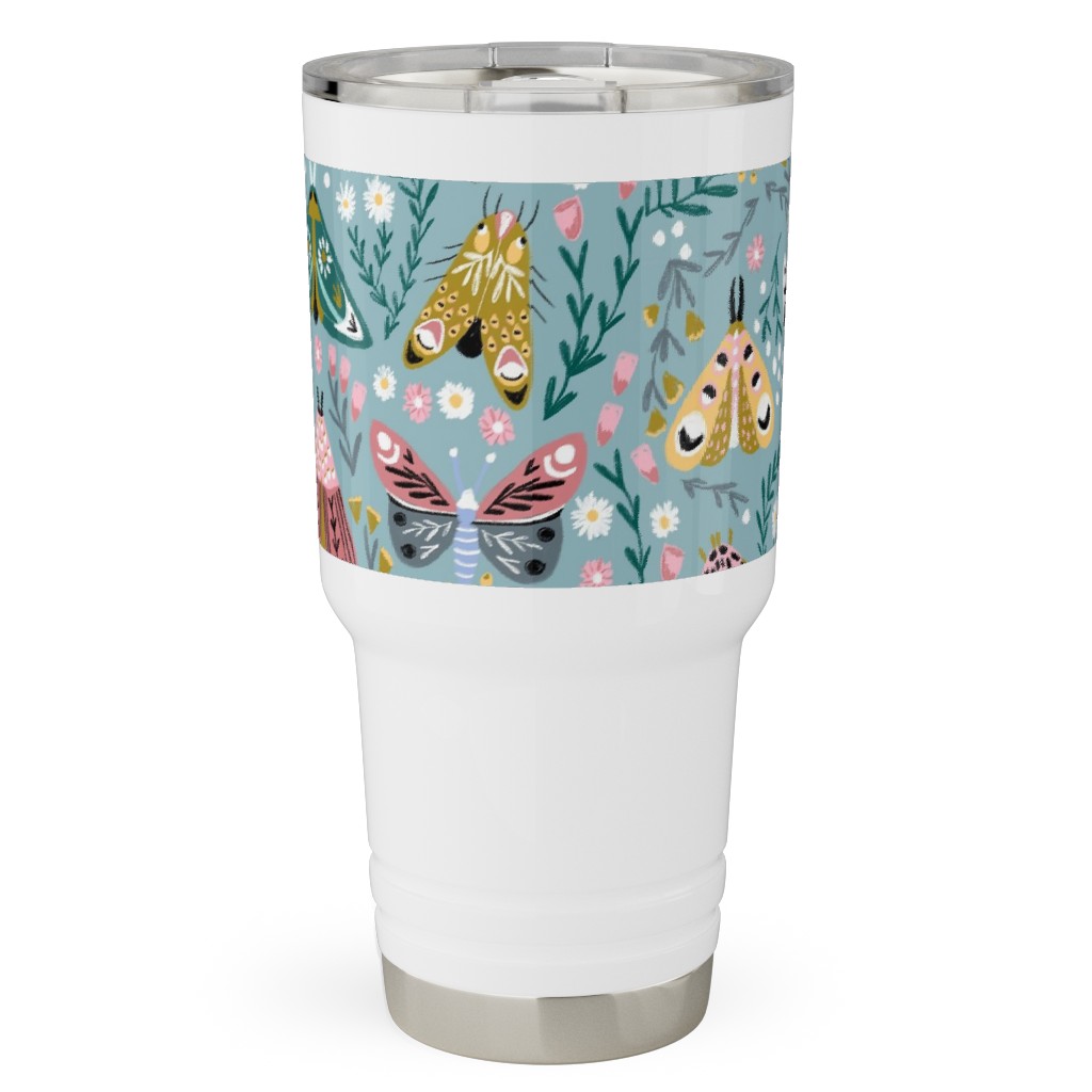 Spring Floral and Butterflies - Blue Travel Tumbler, 30oz, Multicolor