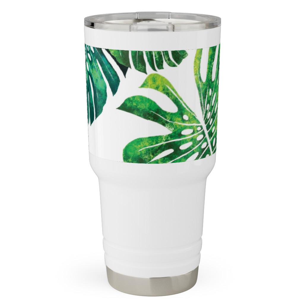 Monstera Leaves - Green on White Travel Tumbler, 30oz, Green