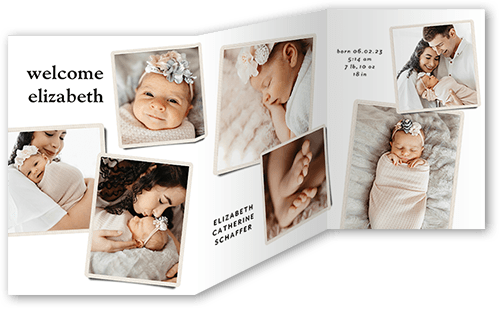 Scattered Photographs Birth Announcement, White, Trifold, Pearl Shimmer Cardstock