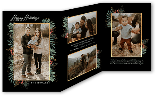 Framed in Sprigs Holiday Card, Black, Trifold, Holiday, Pearl Shimmer Cardstock