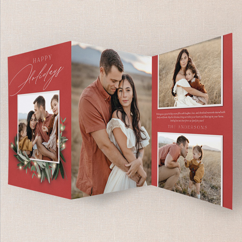 Serene Charm Holiday Card, Red, Trifold, Holiday, Pearl Shimmer Cardstock, Garnet