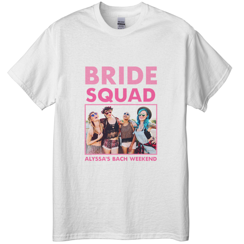 Bachelorette Squad T-shirt, Adult (S), White, Customizable front, Pink