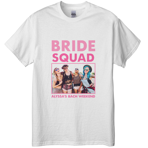 Bachelorette Squad T-shirt, Adult (S), White, Customizable front & back, Pink