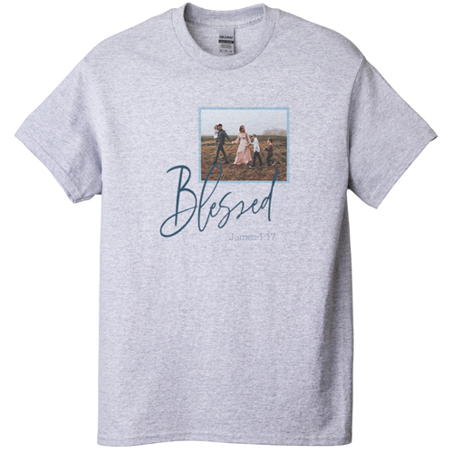 Blessed Script T-shirt, Adult (L), Gray, Customizable front & back, Blue