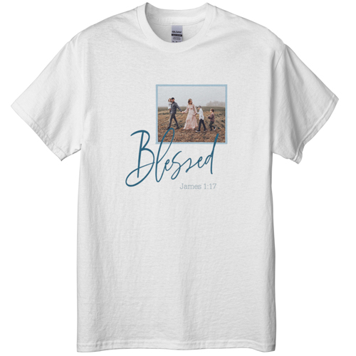 Blessed Script T-shirt, Adult (XL), White, Customizable front & back, Blue