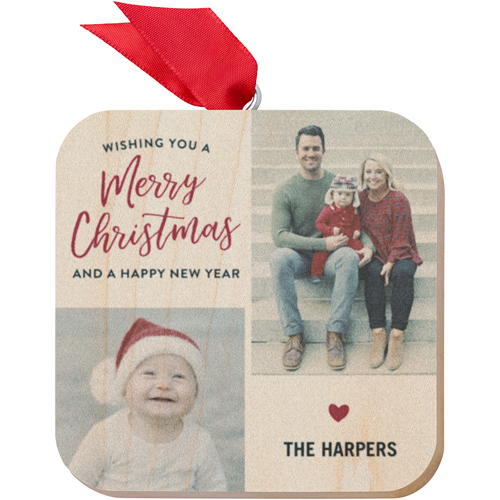 Classic Christmas Wish Wooden Ornament, Red, Square