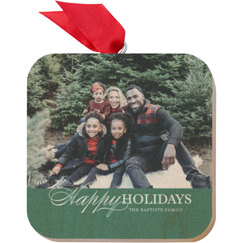 Happy Holiday Script Wooden Ornament, Green, Square