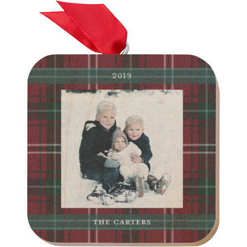 Merry Christmas Plaid Wooden Ornament, Red, Square