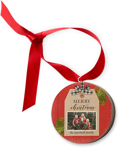 Christmas Tag Wooden Ornament, Red, Circle
