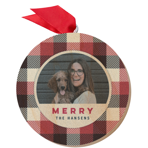 Merry Plaid Wooden Ornament, Beige, Circle