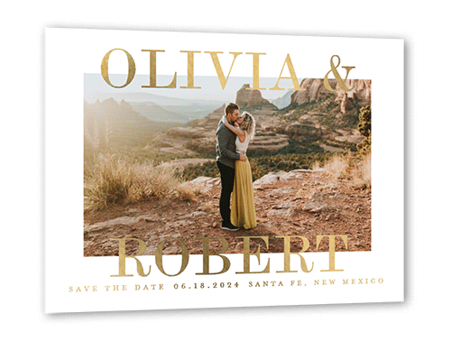 Bright Names Together Save The Date, Gold Foil, White, 5x7, Matte, Personalized Foil Cardstock, Square